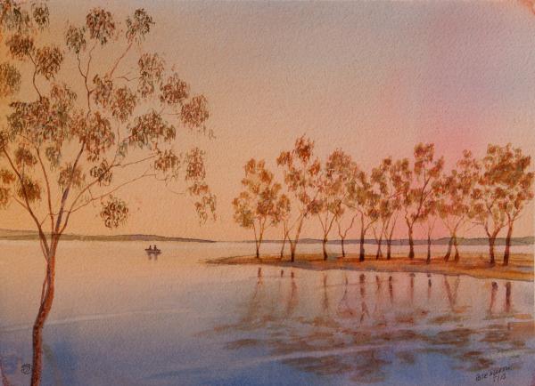 Fishing, winter dawn - pete martin - watercolour