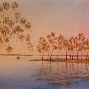 Fishing, winter dawn - pete martin - watercolour